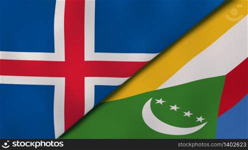 Two states flags of Iceland and Comoros. High quality business background. 3d illustration. The flags of Iceland and Comoros. News, reportage, business background. 3d illustration