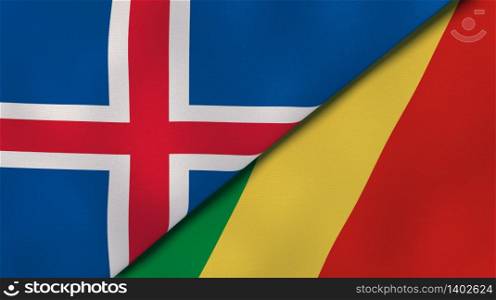 Two states flags of Iceland and Congo. High quality business background. 3d illustration. The flags of Iceland and Congo. News, reportage, business background. 3d illustration