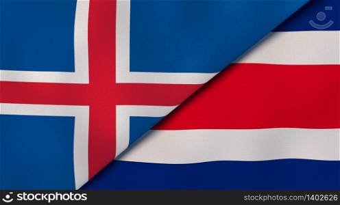 Two states flags of Iceland and Costa Rica. High quality business background. 3d illustration. The flags of Iceland and Costa Rica. News, reportage, business background. 3d illustration