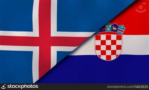 Two states flags of Iceland and Croatia. High quality business background. 3d illustration. The flags of Iceland and Croatia. News, reportage, business background. 3d illustration
