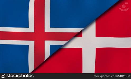 Two states flags of Iceland and Denmark. High quality business background. 3d illustration. The flags of Iceland and Denmark. News, reportage, business background. 3d illustration