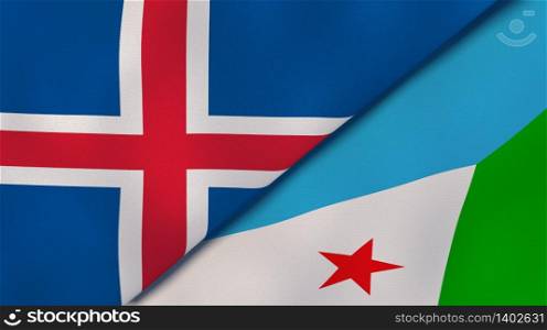 Two states flags of Iceland and Djibouti. High quality business background. 3d illustration. The flags of Iceland and Djibouti. News, reportage, business background. 3d illustration
