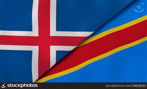 Two states flags of Iceland and DR Congo. High quality business background. 3d illustration. The flags of Iceland and DR Congo. News, reportage, business background. 3d illustration