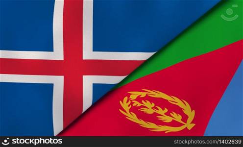 Two states flags of Iceland and Eritrea. High quality business background. 3d illustration. The flags of Iceland and Eritrea. News, reportage, business background. 3d illustration