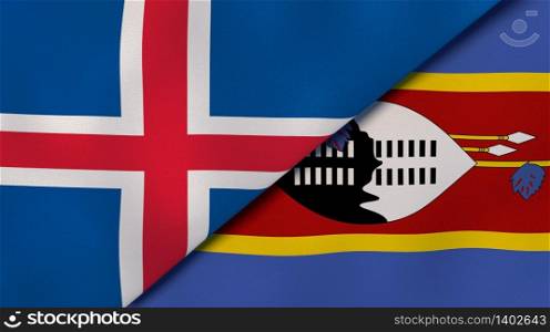 Two states flags of Iceland and Eswatini. High quality business background. 3d illustration. The flags of Iceland and Eswatini. News, reportage, business background. 3d illustration