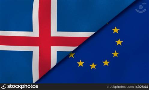 Two states flags of Iceland and European Union. High quality business background. 3d illustration. The flags of Iceland and European Union. News, reportage, business background. 3d illustration