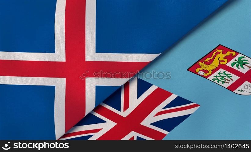 Two states flags of Iceland and Fiji. High quality business background. 3d illustration. The flags of Iceland and Fiji. News, reportage, business background. 3d illustration