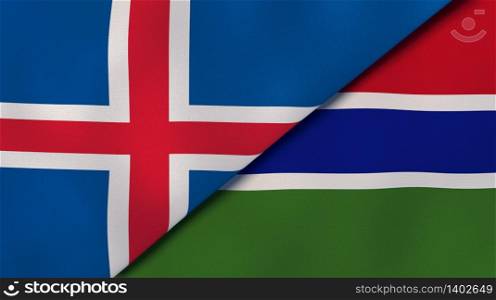 Two states flags of Iceland and Gambia. High quality business background. 3d illustration. The flags of Iceland and Gambia. News, reportage, business background. 3d illustration