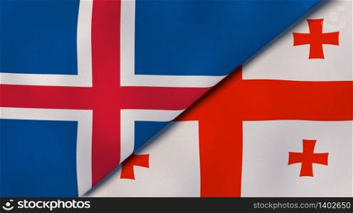 Two states flags of Iceland and Georgia. High quality business background. 3d illustration. The flags of Iceland and Georgia. News, reportage, business background. 3d illustration