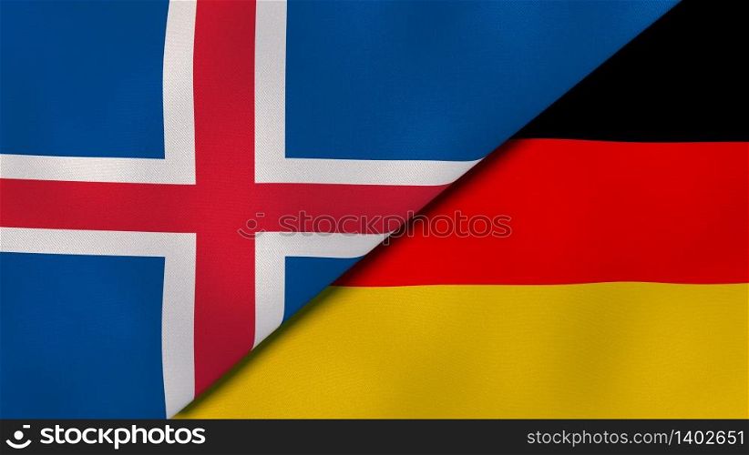 Two states flags of Iceland and Germany. High quality business background. 3d illustration. The flags of Iceland and Germany. News, reportage, business background. 3d illustration