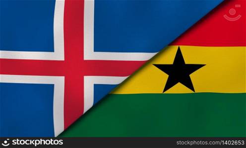 Two states flags of Iceland and Ghana. High quality business background. 3d illustration. The flags of Iceland and Ghana. News, reportage, business background. 3d illustration