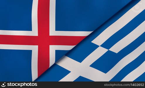 Two states flags of Iceland and Greece. High quality business background. 3d illustration. The flags of Iceland and Greece. News, reportage, business background. 3d illustration