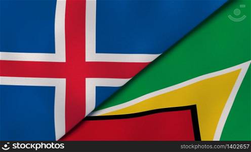 Two states flags of Iceland and Guyana. High quality business background. 3d illustration. The flags of Iceland and Guyana. News, reportage, business background. 3d illustration