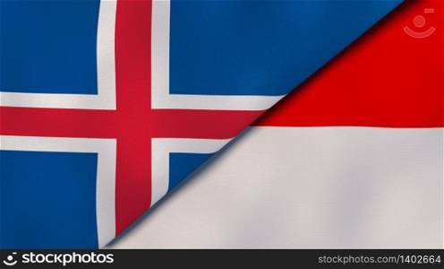 Two states flags of Iceland and Indonesia. High quality business background. 3d illustration. The flags of Iceland and Indonesia. News, reportage, business background. 3d illustration