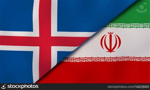 Two states flags of Iceland and Iran. High quality business background. 3d illustration. The flags of Iceland and Iran. News, reportage, business background. 3d illustration