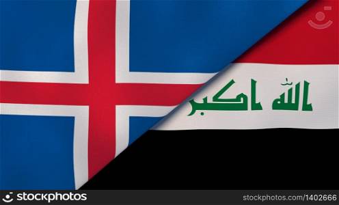 Two states flags of Iceland and Iraq. High quality business background. 3d illustration. The flags of Iceland and Iraq. News, reportage, business background. 3d illustration