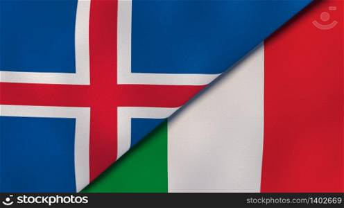 Two states flags of Iceland and Italy. High quality business background. 3d illustration. The flags of Iceland and Italy. News, reportage, business background. 3d illustration