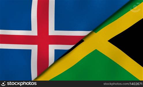 Two states flags of Iceland and Jamaica. High quality business background. 3d illustration. The flags of Iceland and Jamaica. News, reportage, business background. 3d illustration