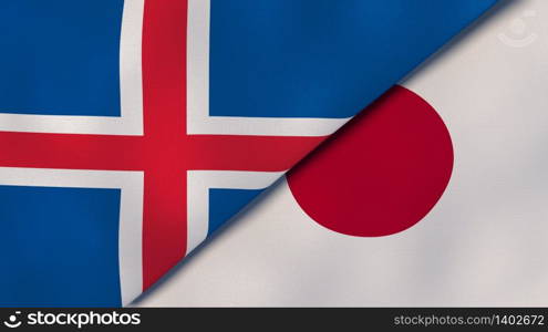 Two states flags of Iceland and Japan. High quality business background. 3d illustration. The flags of Iceland and Japan. News, reportage, business background. 3d illustration