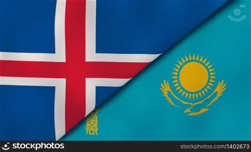 Two states flags of Iceland and Kazakhstan. High quality business background. 3d illustration. The flags of Iceland and Kazakhstan. News, reportage, business background. 3d illustration