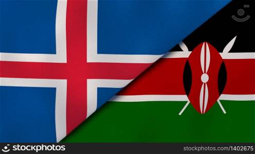 Two states flags of Iceland and Kenya. High quality business background. 3d illustration. The flags of Iceland and Kenya. News, reportage, business background. 3d illustration