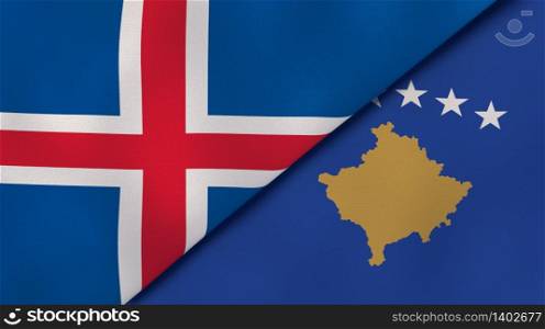 Two states flags of Iceland and Kosovo. High quality business background. 3d illustration. The flags of Iceland and Kosovo. News, reportage, business background. 3d illustration