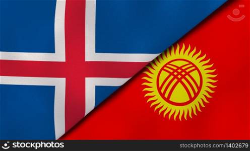 Two states flags of Iceland and Kyrgyzstan. High quality business background. 3d illustration. The flags of Iceland and Kyrgyzstan. News, reportage, business background. 3d illustration