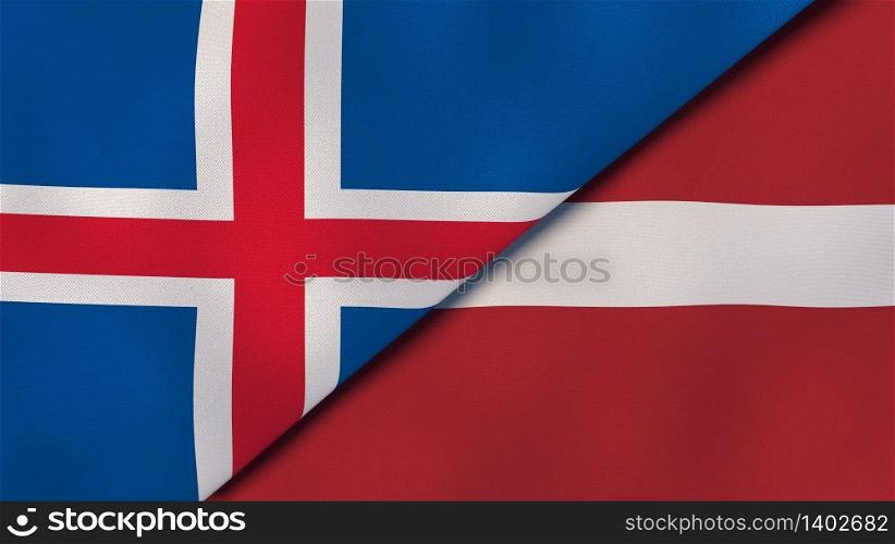 Two states flags of Iceland and Latvia. High quality business background. 3d illustration. The flags of Iceland and Latvia. News, reportage, business background. 3d illustration