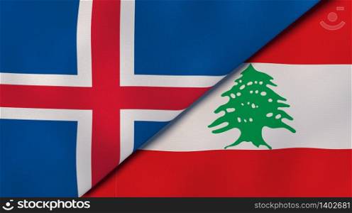 Two states flags of Iceland and Lebanon. High quality business background. 3d illustration. The flags of Iceland and Lebanon. News, reportage, business background. 3d illustration