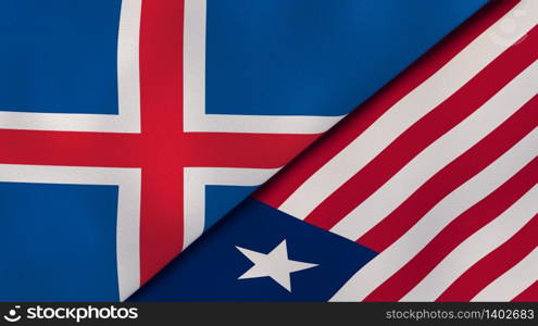 Two states flags of Iceland and Liberia. High quality business background. 3d illustration. The flags of Iceland and Liberia. News, reportage, business background. 3d illustration
