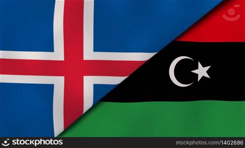 Two states flags of Iceland and Libya. High quality business background. 3d illustration. The flags of Iceland and Libya. News, reportage, business background. 3d illustration