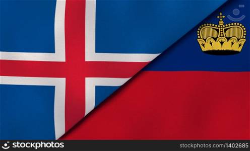 Two states flags of Iceland and Liechtenstein. High quality business background. 3d illustration. The flags of Iceland and Liechtenstein. News, reportage, business background. 3d illustration