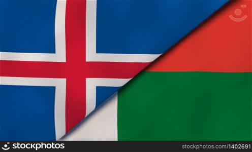 Two states flags of Iceland and Madagascar. High quality business background. 3d illustration. The flags of Iceland and Madagascar. News, reportage, business background. 3d illustration