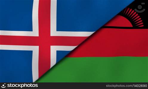 Two states flags of Iceland and Malawi. High quality business background. 3d illustration. The flags of Iceland and Malawi. News, reportage, business background. 3d illustration