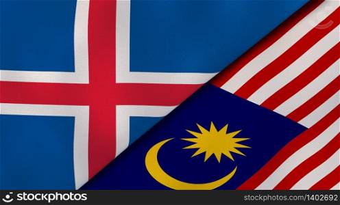 Two states flags of Iceland and Malaysia. High quality business background. 3d illustration. The flags of Iceland and Malaysia. News, reportage, business background. 3d illustration