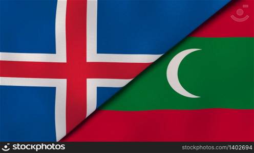 Two states flags of Iceland and Maldives. High quality business background. 3d illustration. The flags of Iceland and Maldives. News, reportage, business background. 3d illustration