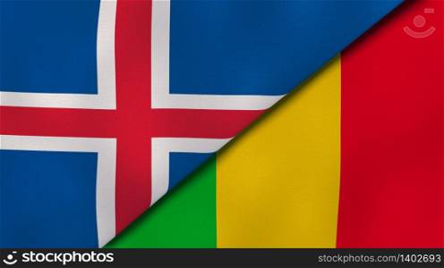 Two states flags of Iceland and Mali. High quality business background. 3d illustration. The flags of Iceland and Mali. News, reportage, business background. 3d illustration