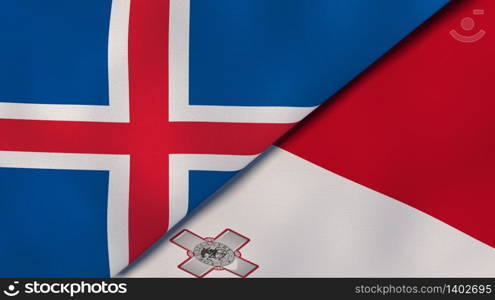 Two states flags of Iceland and Malta. High quality business background. 3d illustration. The flags of Iceland and Malta. News, reportage, business background. 3d illustration