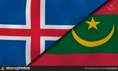 Two states flags of Iceland and Mauritania. High quality business background. 3d illustration. The flags of Iceland and Mauritania. News, reportage, business background. 3d illustration