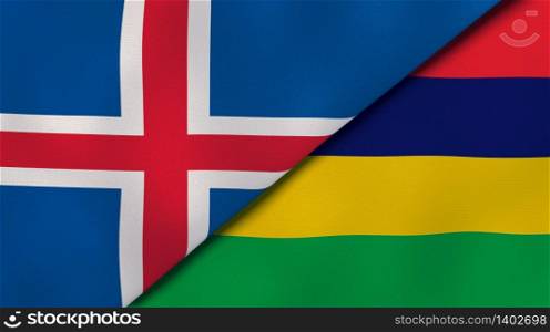 Two states flags of Iceland and Mauritius. High quality business background. 3d illustration. The flags of Iceland and Mauritius. News, reportage, business background. 3d illustration