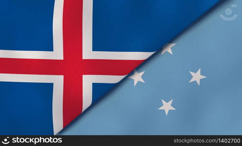 Two states flags of Iceland and Micronesia. High quality business background. 3d illustration. The flags of Iceland and Micronesia. News, reportage, business background. 3d illustration