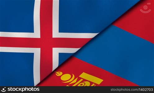 Two states flags of Iceland and Mongolia. High quality business background. 3d illustration. The flags of Iceland and Mongolia. News, reportage, business background. 3d illustration
