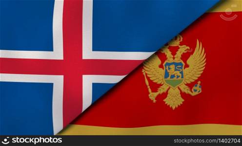 Two states flags of Iceland and Montenegro. High quality business background. 3d illustration. The flags of Iceland and Montenegro. News, reportage, business background. 3d illustration