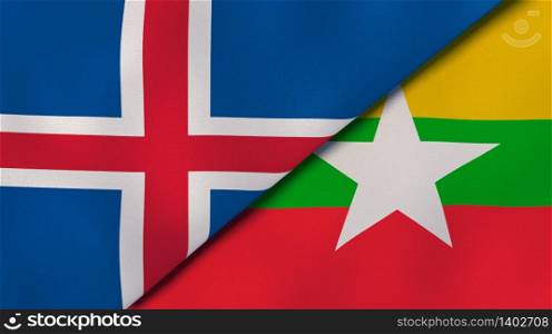 Two states flags of Iceland and Myanmar. High quality business background. 3d illustration. The flags of Iceland and Myanmar. News, reportage, business background. 3d illustration
