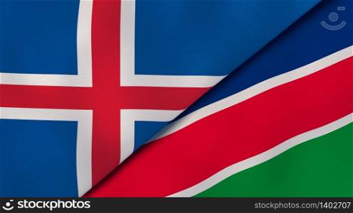 Two states flags of Iceland and Namibia. High quality business background. 3d illustration. The flags of Iceland and Namibia. News, reportage, business background. 3d illustration
