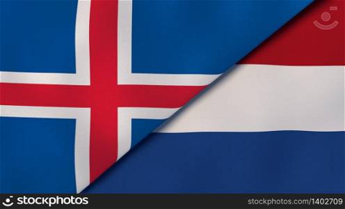 Two states flags of Iceland and Netherlands. High quality business background. 3d illustration. The flags of Iceland and Netherlands. News, reportage, business background. 3d illustration