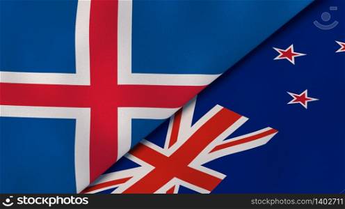 Two states flags of Iceland and New Zealand. High quality business background. 3d illustration. The flags of Iceland and New Zealand. News, reportage, business background. 3d illustration