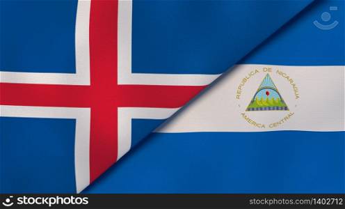 Two states flags of Iceland and Nicaragua. High quality business background. 3d illustration. The flags of Iceland and Nicaragua. News, reportage, business background. 3d illustration