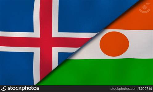 Two states flags of Iceland and Niger. High quality business background. 3d illustration. The flags of Iceland and Niger. News, reportage, business background. 3d illustration