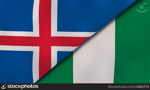 Two states flags of Iceland and Nigeria. High quality business background. 3d illustration. The flags of Iceland and Nigeria. News, reportage, business background. 3d illustration